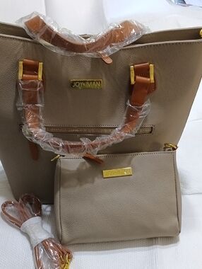Joy/Iman Taupe Pebble Leather Tote And Mini Bag